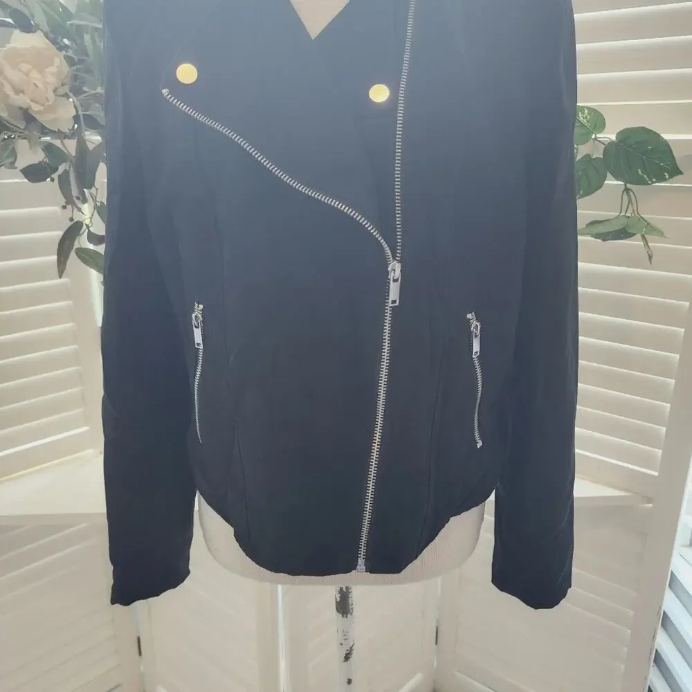 DIVIDED H & M BLACK FAUX LEATHER JACKET WITH MULTI ZIPPERS SIZE 14